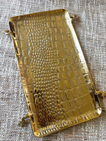 Vintage Gold Metal Faux Alligator Tray with Feet