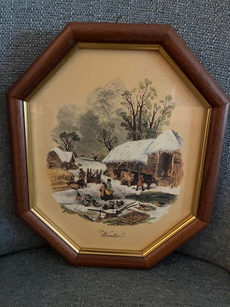 Vintage "Winter" Peasant Scene Octagon Artwork 10" x 12"
