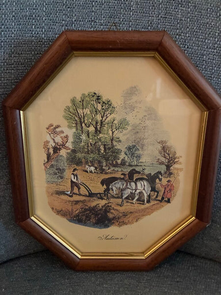 Vintage "Autumn" Peasant Scene Octagon Artwork 10" x 12"