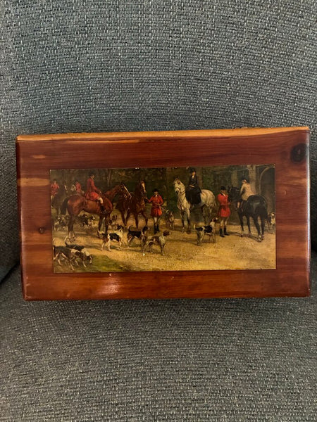 Vintage Wood Equestrian Trinket Box 11" x 4.5 x6"