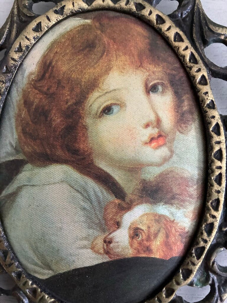 Vintage Jean-Babtiste Le Petite Chien Framed Silk Portrait 4.5 x 6.5