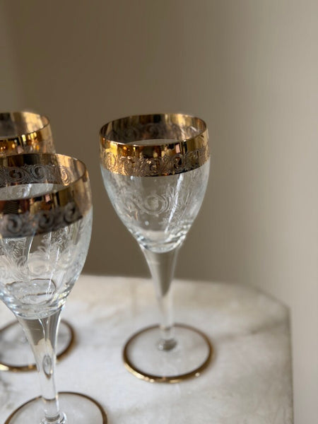 Set of 3 Gold Trim Etched Crystal Glasses