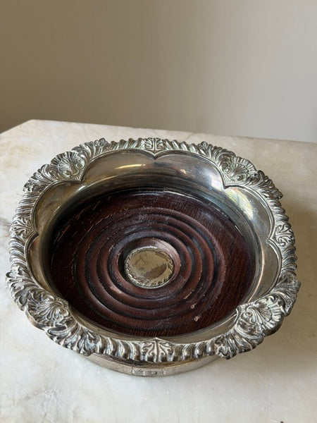 1710 Silverplate and wood bottle coaster