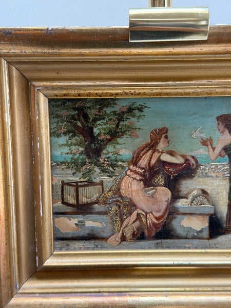 1669 Antique Oil on Panel of 2 Women setting free doves