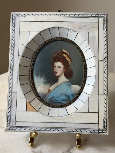 Antique Miniature Hand Painted Portrait in Bone Frame