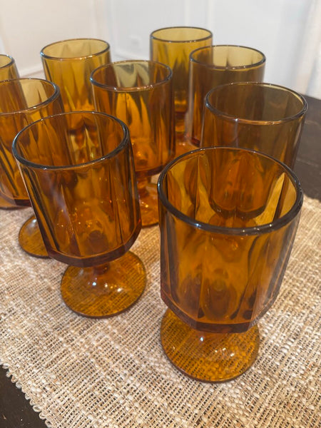 Set of 9 Vintage Amber Glass Goblets 6H