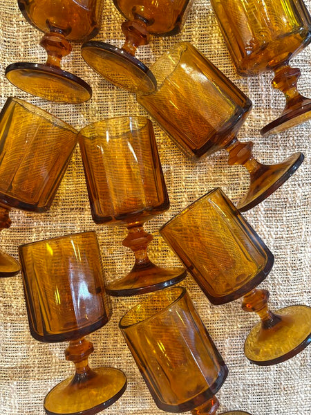 Set of 9 Vintage Amber Glass Goblets 6H