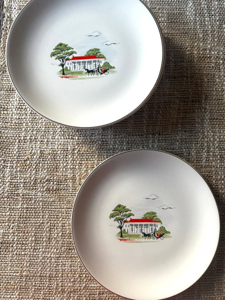 Set of 8 Vintage Paden City Pottery Plates w/ a Southern Plantation and Horse-Drawn Carriage Design 7.5R