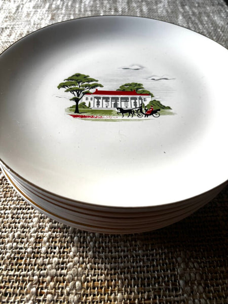 Set of 8 Vintage Paden City Pottery Plates w/ a Southern Plantation and Horse-Drawn Carriage Design 7.5R