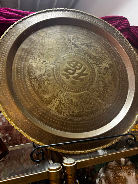 Antique Brass Large Good Fortune Wall Medallion w/ Etched Animal Designs w/Stand 30R
