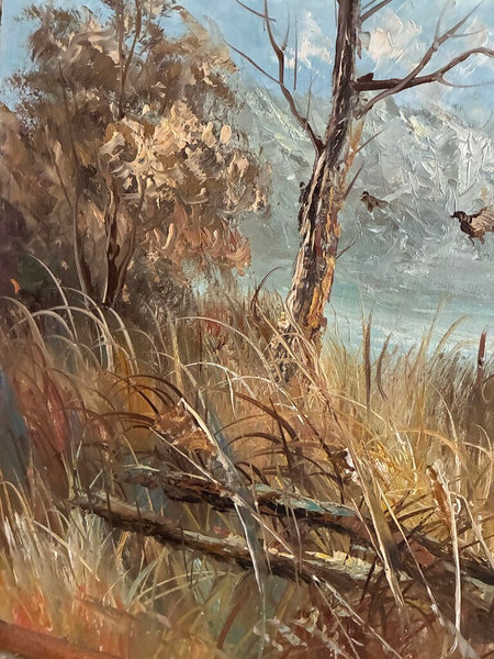 Vintage Hunting Pointer Dog Oil on Canvas Artwork (Signed) 37"w x 25"h