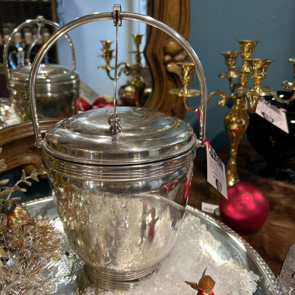 SHEFFIELD SILVER CO SILVER PLATED ICE BUCKET WITH SWING ARM LID AND TONGS