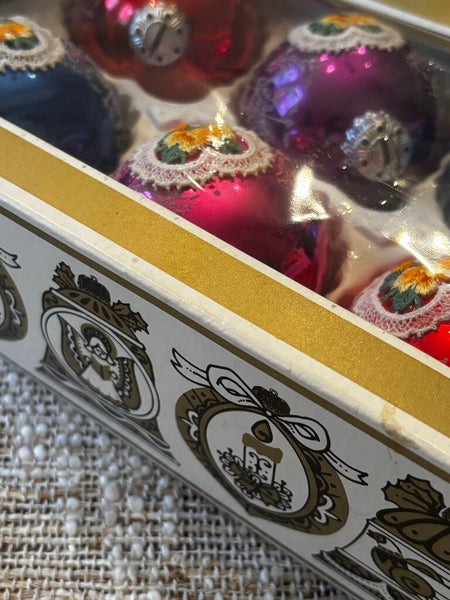 Vintage Krebs and Sohn Box of Glass Blown Ornaments w/ Embroidered Patch From Marshall Fields