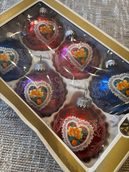 Vintage Krebs and Sohn Box of Glass Blown Ornaments w/ Embroidered Patch From Marshall Fields