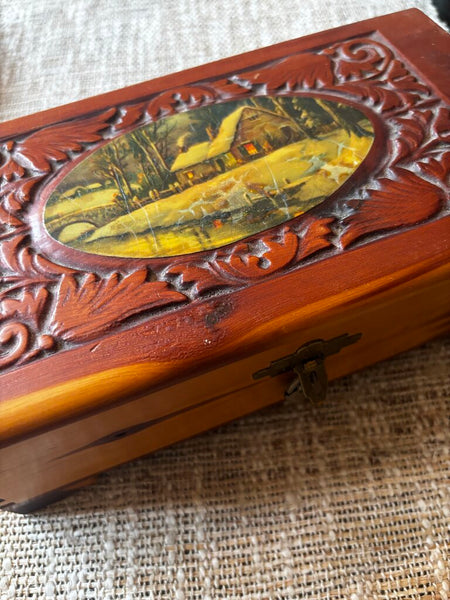 Vintage Cedar Wood Jewelry Box 1930 w/ Lock and Key
