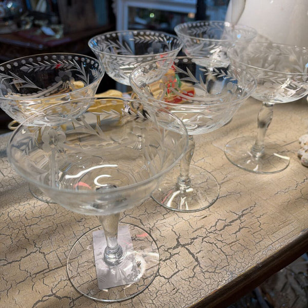 Vintage Fostoria "Holly" pattern champagne coupes / low sherbet glasses set of 6