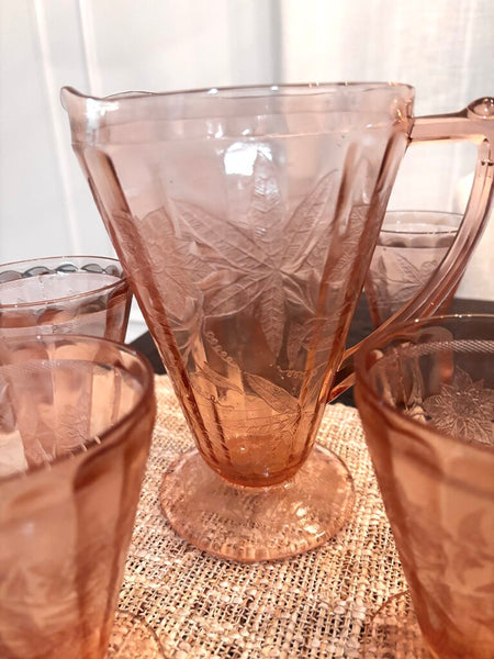 Jeanette Poinsettia Depression Glass Pitcher and 7 Footed Tumblers with Serving Tray