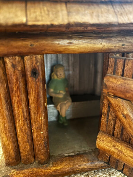 Vintage Handmade Wood Cabin w/ Sitting Girl Inside