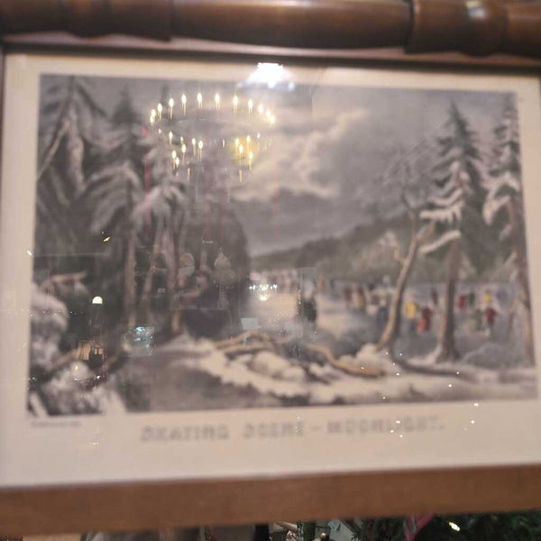 Nice Wooden Federalist Mirror with Turned Spindles and Brass Rosettes. Lovely Currier & Ives Print above Mirror. Overall Size is 29x15. IN STORE PICKUP r.