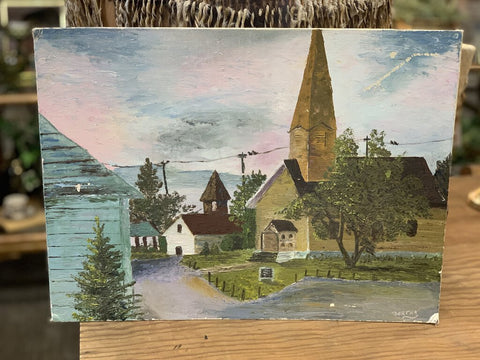 Vintage church painting on board 12 x 16 in