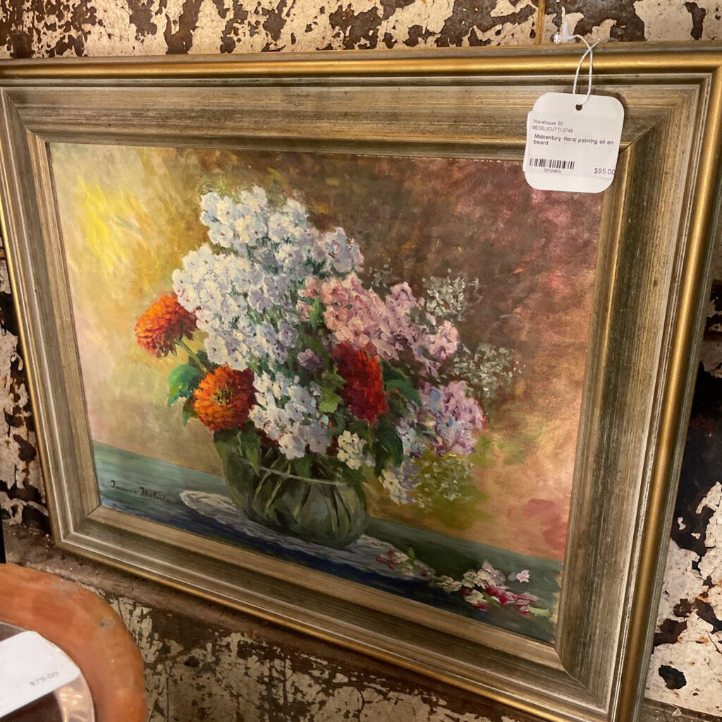 Midcentury floral painting oil on board