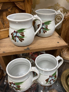 Set of 4 Vintage Pottery Mugs w/ Berries and Leaves