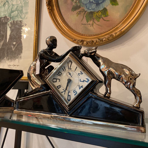 French Art Deco mental clock with two planters