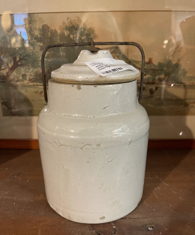 Antique white, glazed, stoneware crock, 6 inches high, as is