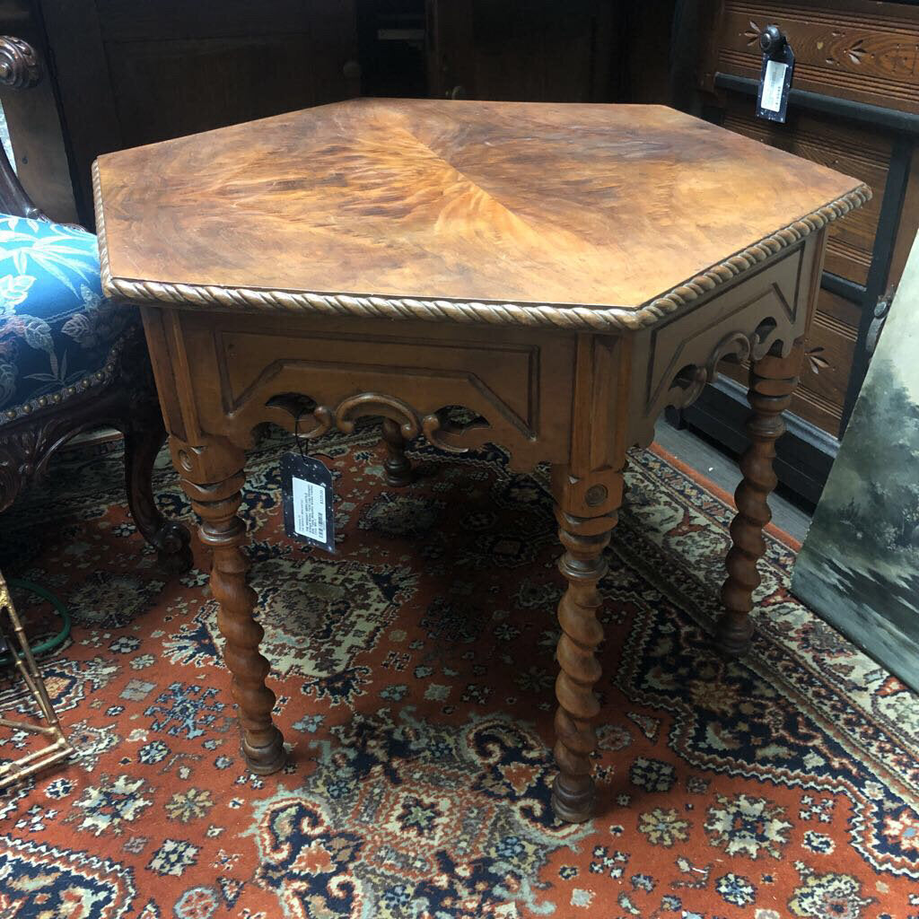 Antique Barley Twist Leg Hexagon Side Table, Beautiful Wood Veneer, Circa 19th C
