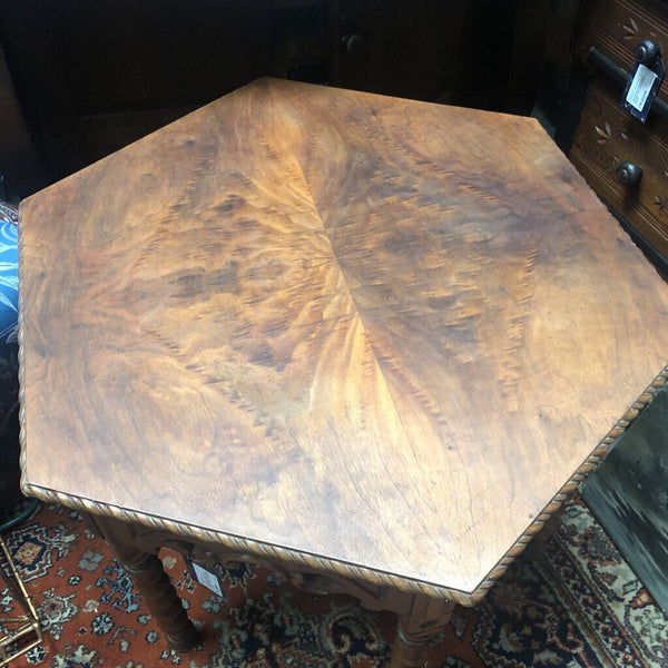 Antique Barley Twist Leg Hexagon Side Table, Beautiful Wood Veneer, Circa 19th C
