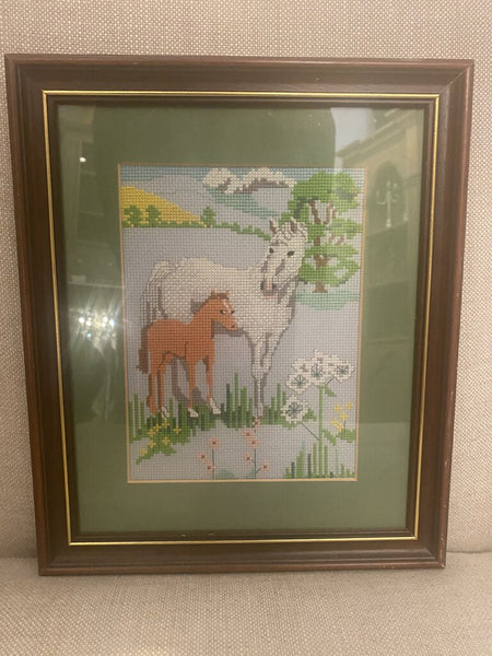 Vintage Needlepoint Horse and Foal 11" x 13"