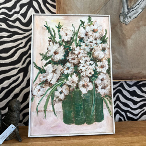 VINTAGE FLOWER OIL PAINTING ON CANVAS IN GREEN VASE 16X25