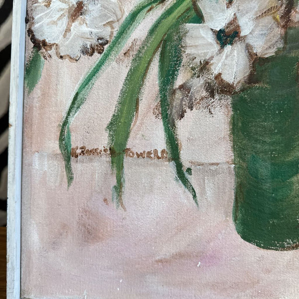 VINTAGE FLOWER OIL PAINTING ON CANVAS IN GREEN VASE 16X25
