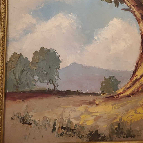 Vintage oil painting trees landscape in white frame