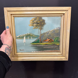 12x14 in. Framed artist signed Landscape sailboat FIRM