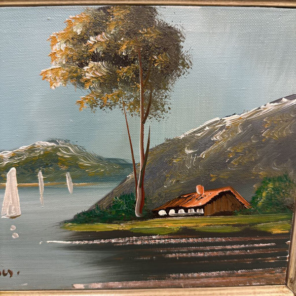 12x14 in. Framed artist signed Landscape sailboat FIRM