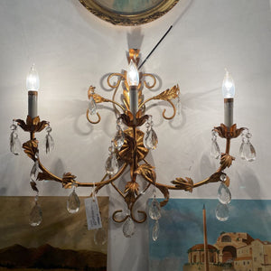 Vintage Italian gold crystal wall chandelier works 23x20
