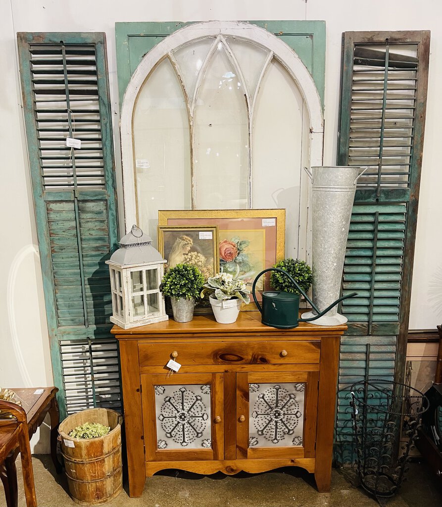 PAIR ANTIQUE PAINTED GREEN SHUTTERS as is IN STORE PICK UP ONLY