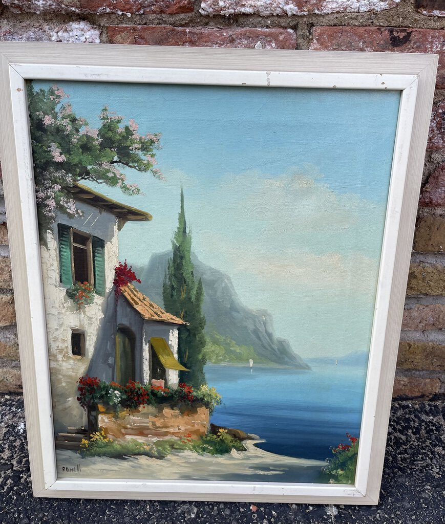 Vintage Seascape with cottage framed & signed as is