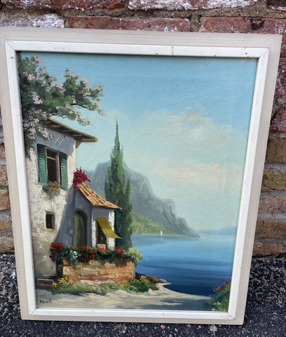 Vintage Seascape with cottage framed & signed as is
