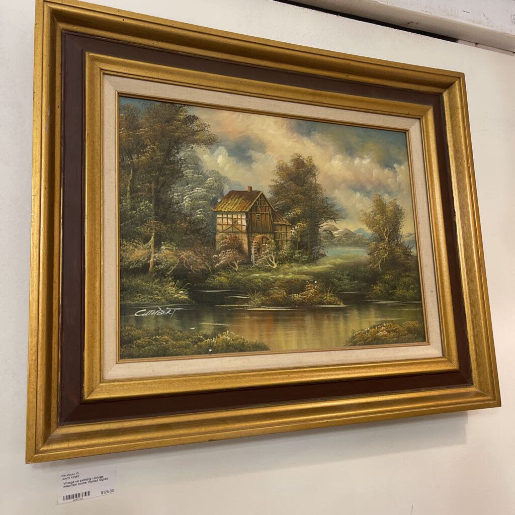 vintage oil painting cottage mountain scene framed signed