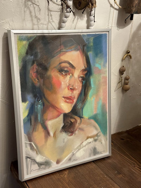 Modern pastel artist signed framed portrait 12x16 in