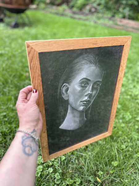 Framed 17x13 in chalk black and white portrait