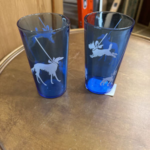 Set of 2, Cobalt blue Hazel Atlas dog glasses 1930s