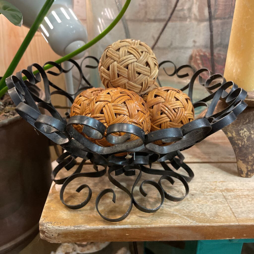 Vintage metal bowl with decorative woven balls