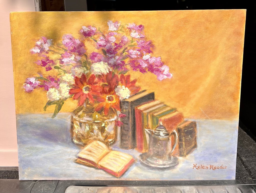 Original art - 16x12 -still life w/books, flowers 14x18