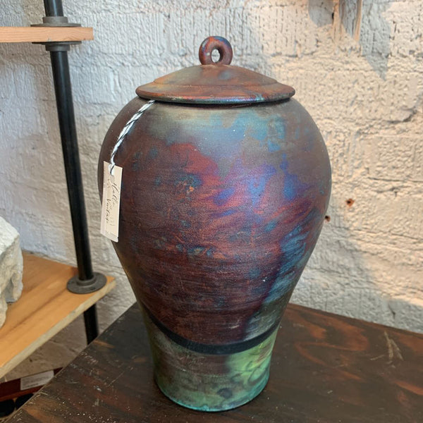 Art Studio Brutalist Raku Pottery Urn with Lid - Mike Brennan Laguna Beach,  Signed 2013- 8 w x 13 tall- Pick up in Store