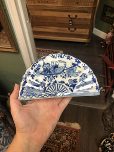 Vintage Blue and White Chinoiserie Fan Shaped Vase