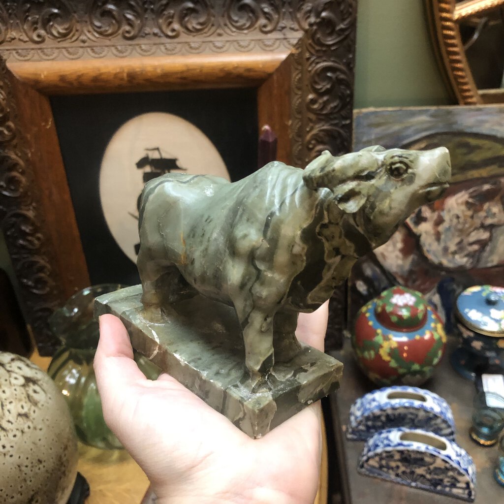 Vintage Carved Jade African Buffalo Bull Statuette