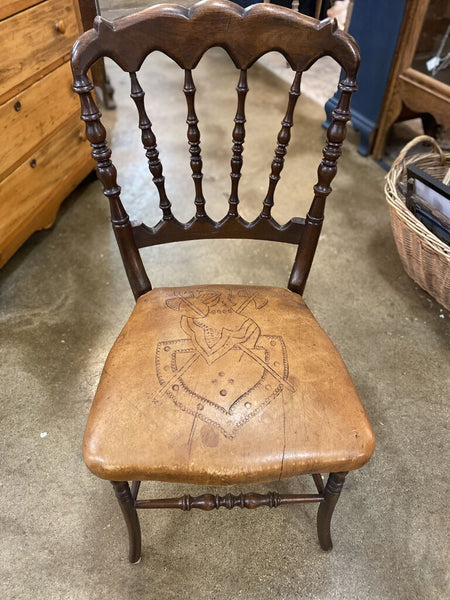 Vintage Chair w/ Leather Shield Motif Seat IN STORE PICKUP ONLY
